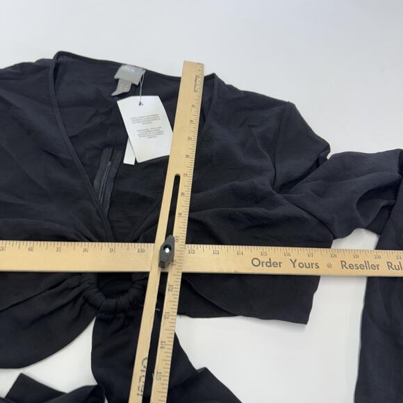 ASOS Blouse Womens 10 Black Tie Front Crop Top Long Bell Sleeve V Neck Wrap - Picture 7 of 7